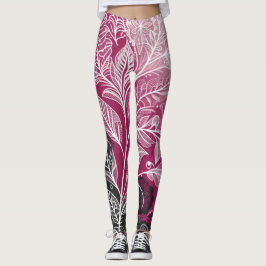 Modern Black and Pink Floral and Leaf Leggings