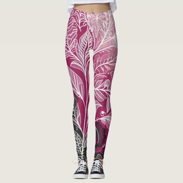 Modern Black and Pink Floral and Leaf Leggings (Framsida)