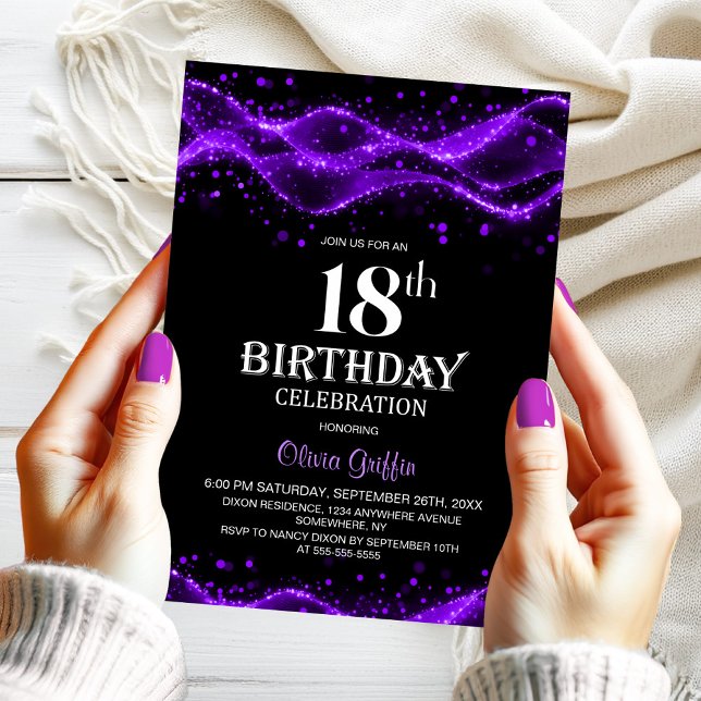 Modern Black and Purple 18th Birthday Party Inbjudningar (Skapare uppladdad)