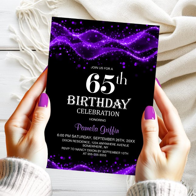 Modern Black and Purple 65th Birthday Party Inbjudningar (Skapare uppladdad)