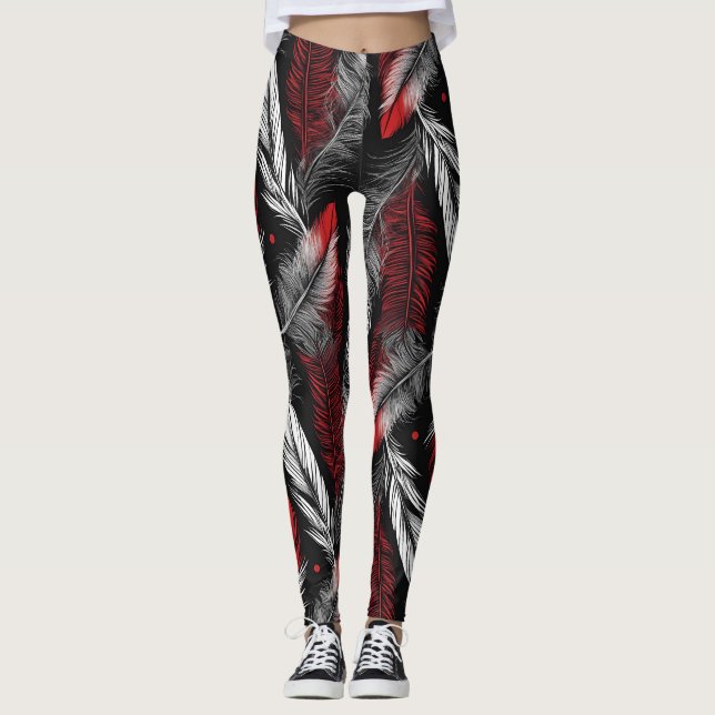 Modern Black and Red Feather Design Leggings (Framsida)