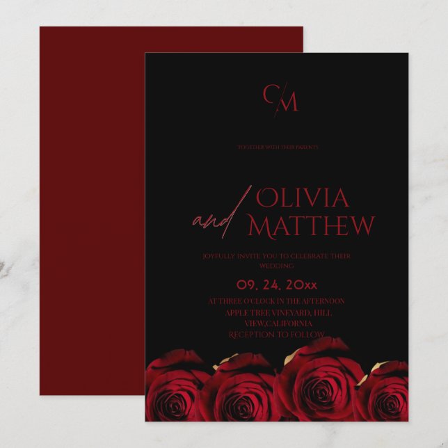 Modern Black and Red Roses Wedding Inbjudningar (Fram/baksida)