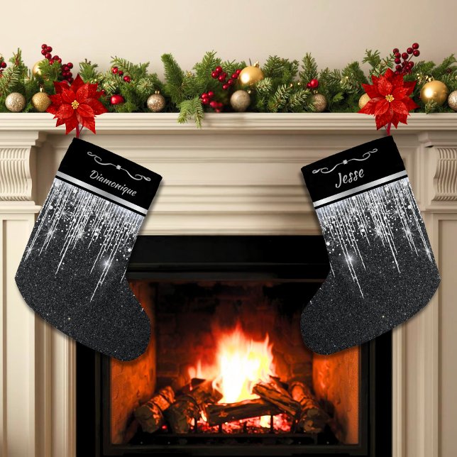 Modern Black and Silver Elegant Script Name Liten Julstrumpa (Modern black personalized Christmas stockings with silver icicles that are two-sided)