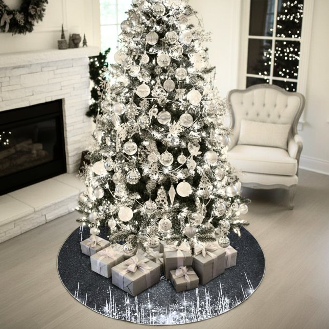 Modern Black and Silver Sparkle Family Name Julgransmatta Borstad Polyester (Personalized modern black and silver family name Christmas tree skirt in script calligraphy)