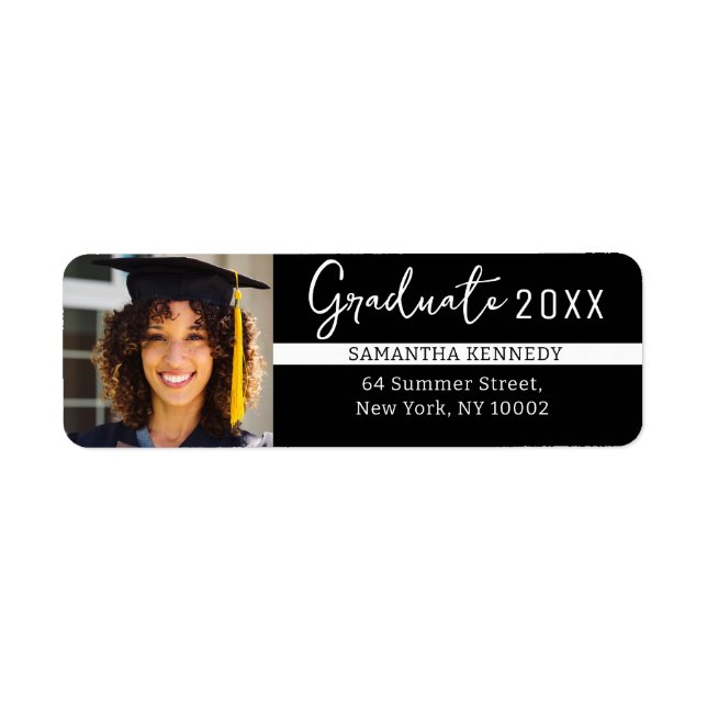 Modern Black and White 2025 Student Photo Returadress Etikett (Framsidan)