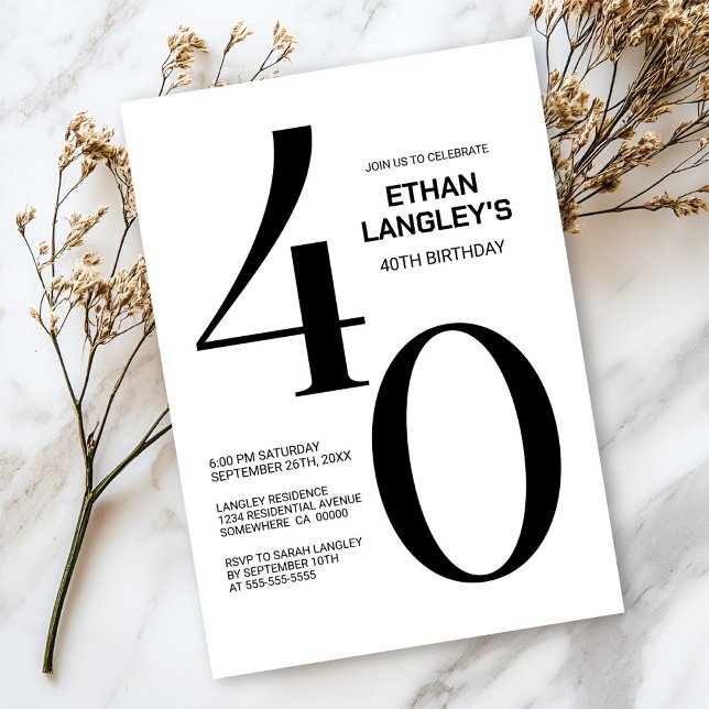 Modern Black and White 40:e födelsedagen Party Inbjudningar (Skapare uppladdad)