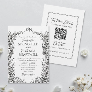 Modern Black and White Botanical Wedding Inbjudningar