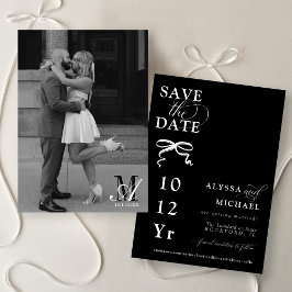 Modern Black and White Bow Photo Monogram Wedding Spara Datumet