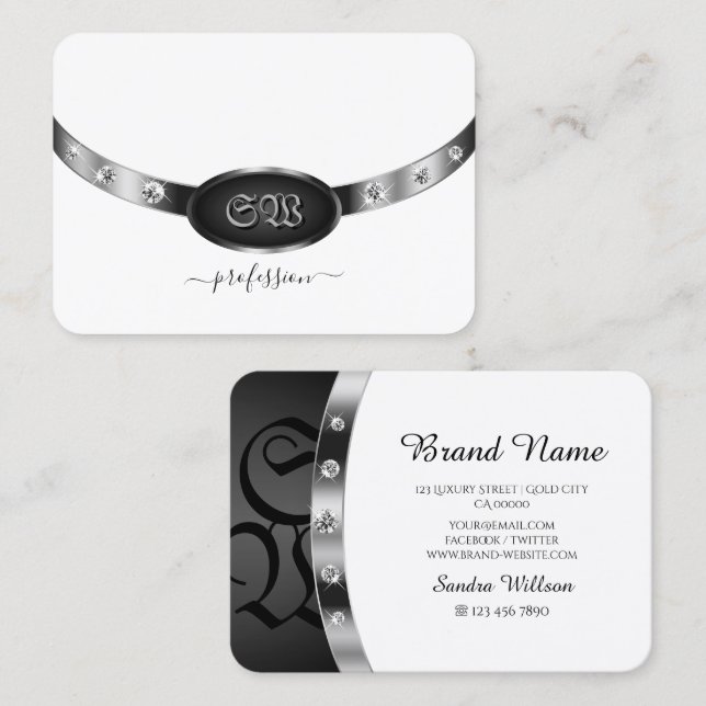 Modern Black and White Bright Silver med Monogram Visitkort (Fram/baksida)