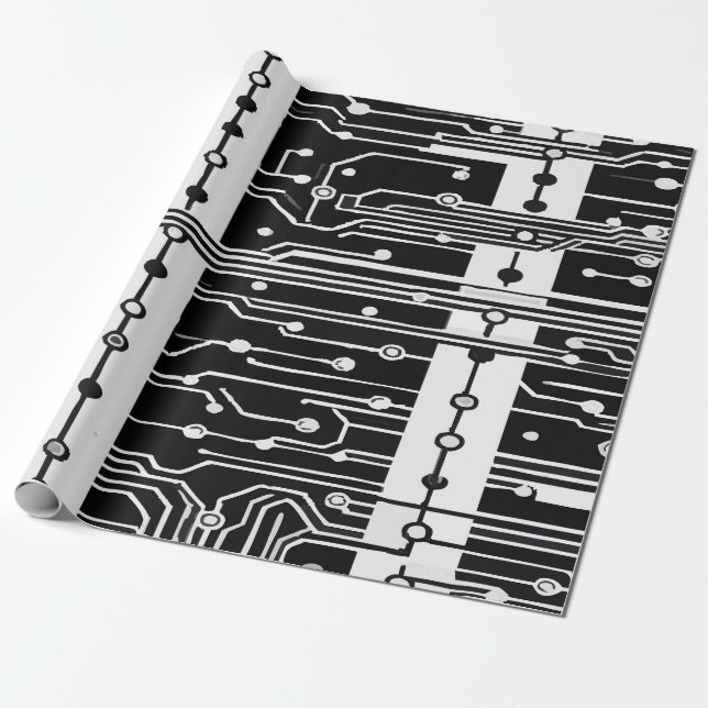 Modern Black and White Circuit Board Texture Patte Presentpapper (Utrullad)