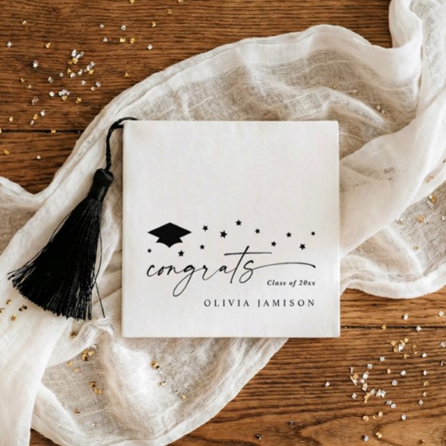 Modern Black and White Class of 2026 Graduation Pappersservett (Black and white personalized graduation napkins with script congrats, stars, class of 2026)