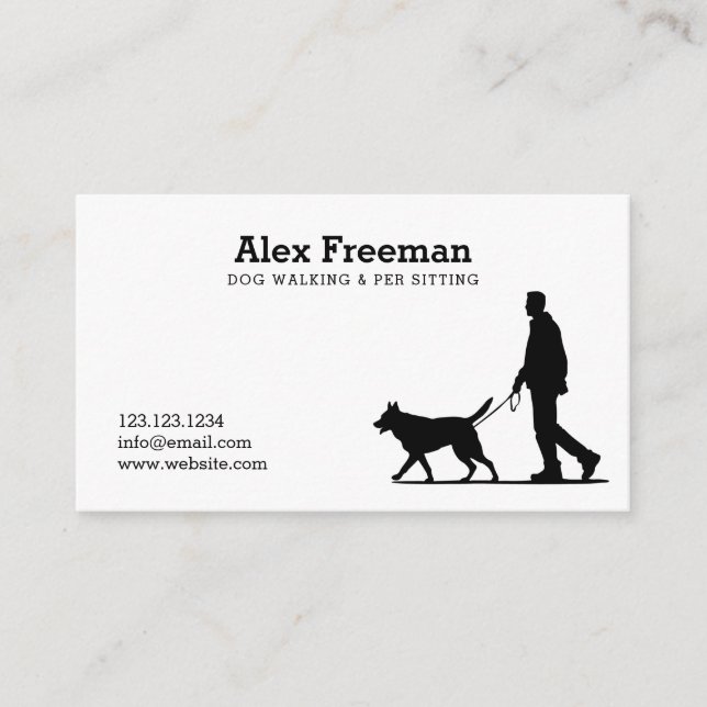 Modern Black and White Dog Walker Silhouette Visitkort (Framsida)