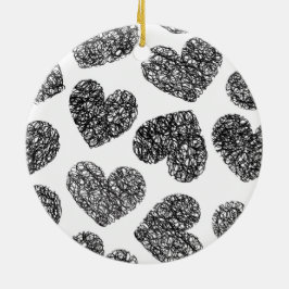 Modern Black and White Doodle Hearts Mönster Julgransprydnad Keramik