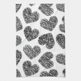Modern Black and White Doodle Hearts Mönster Kökshandduk