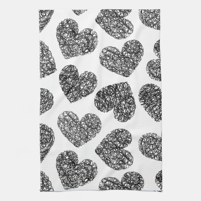 Modern Black and White Doodle Hearts Mönster Kökshandduk (Vertikal)
