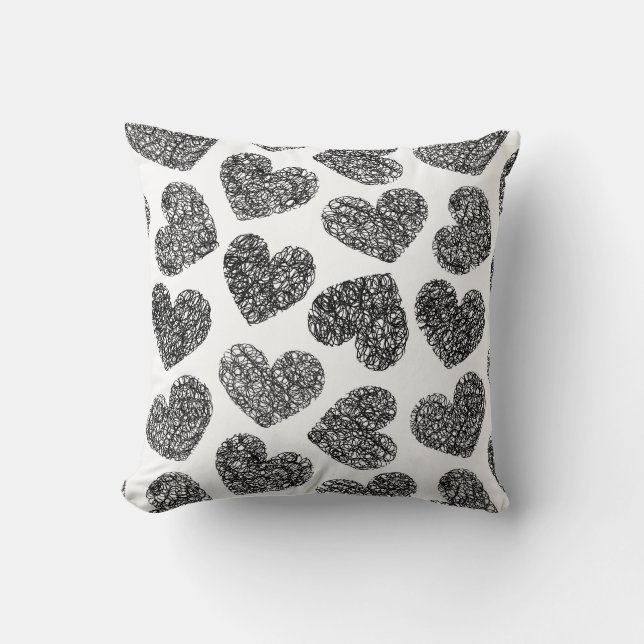 Modern Black and White Doodle Hearts Mönster Kudde (Framsida)