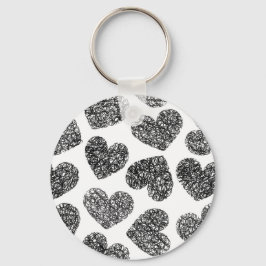 Modern Black and White Doodle Hearts Mönster Nyckelring