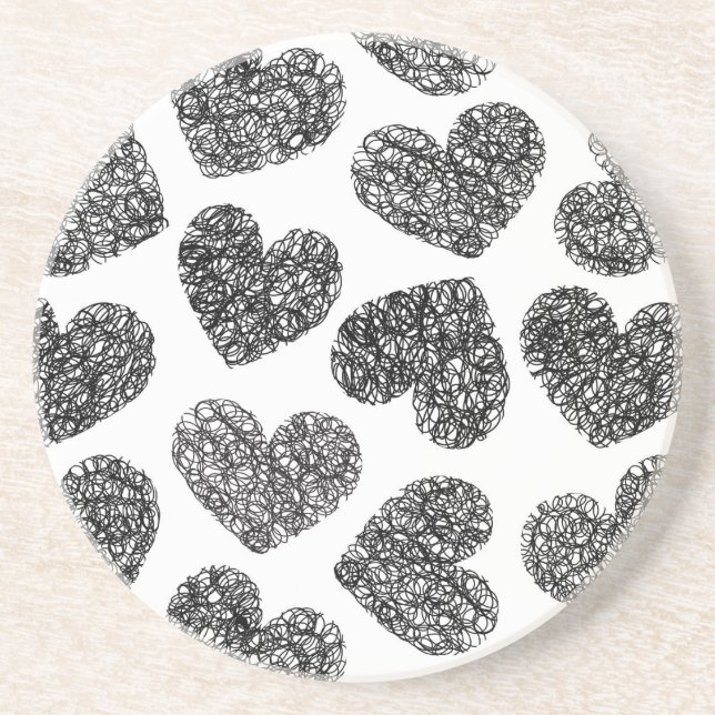 Modern Black and White Doodle Hearts Mönster Underlägg Sandsten (Framsidan)