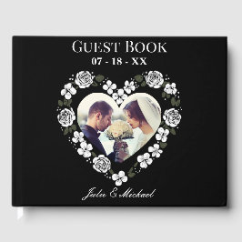 Modern Black and White Floral Heart Wedding Guest  Gästböcker