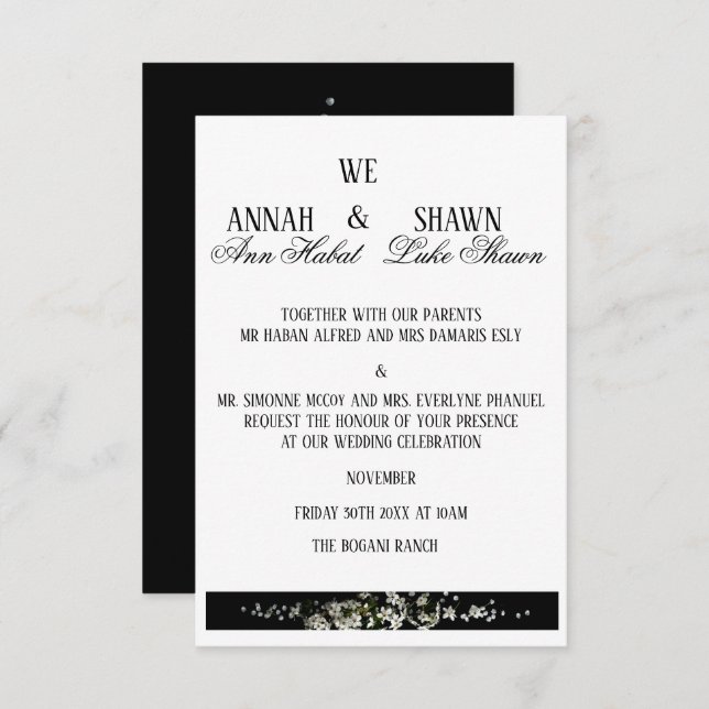 Modern Black and White Floral Wedding Invitation Inbjudningar (Fram/baksida)