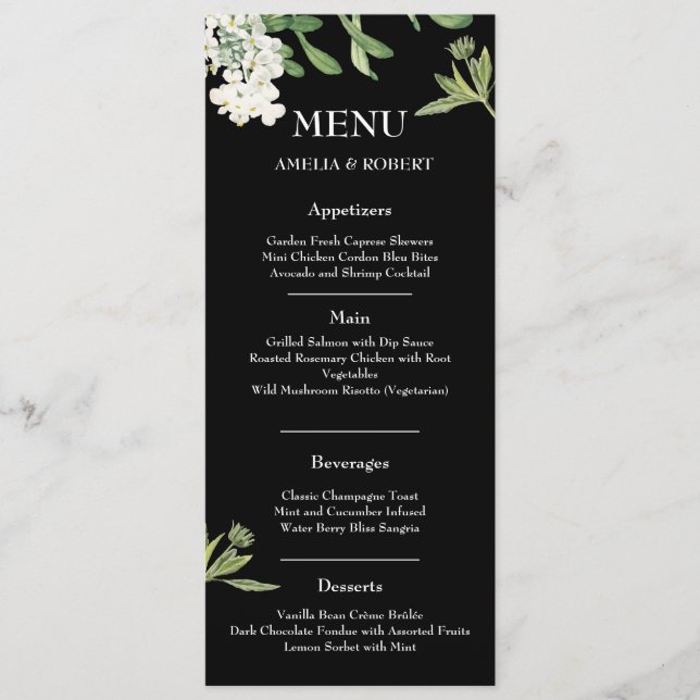 Modern Black and White Floral Wedding Menu Card Meny (Framsida)
