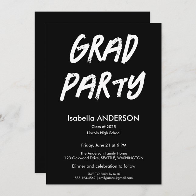 Modern Black and White Graduation Party Inbjudningar (Fram/baksida)