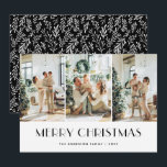 Modern Black and White Greenery Photo Collage Julkort<br><div class="desc">Elegantens svarta och vita God jul-fotokort med en fotokollage på en vit bakgrund och ett svartvitt grönt mönster på baksidan. Anpassa det här fotojulkortet enkelt med dina foton,  med familjen namn och året.</div>
