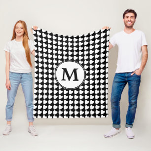 Modern Black and White Heart Mönster Monogram Fleecefilt