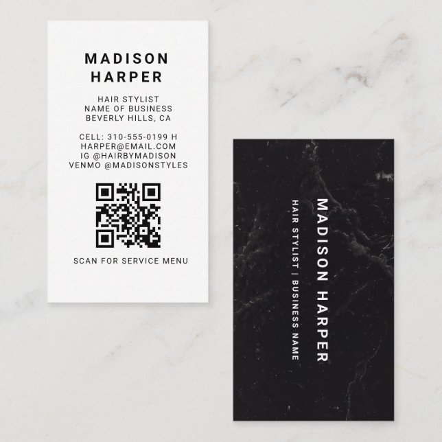 Modern Black and White Marble QR Code Business Visitkort (Fram/baksida)