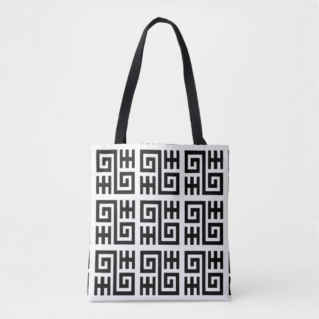 Modern Black and White Meander Nyckel Mönster Tote Tygkasse (Framsida)