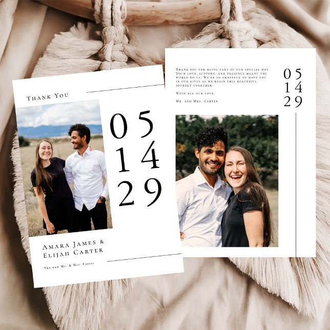 Modern Black and White Minimal Wedding Photo Tack Kort (Skapare uppladdad)