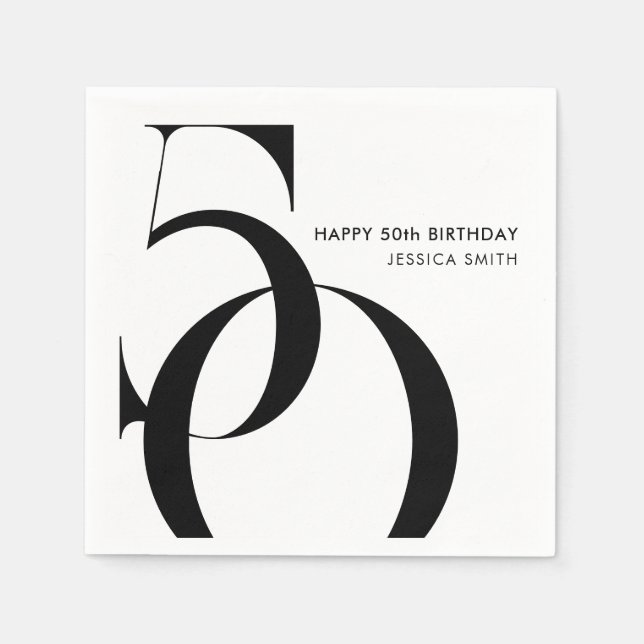 Modern Black and White Minimalist 50th Birthday Pappersservett (Framsidan)