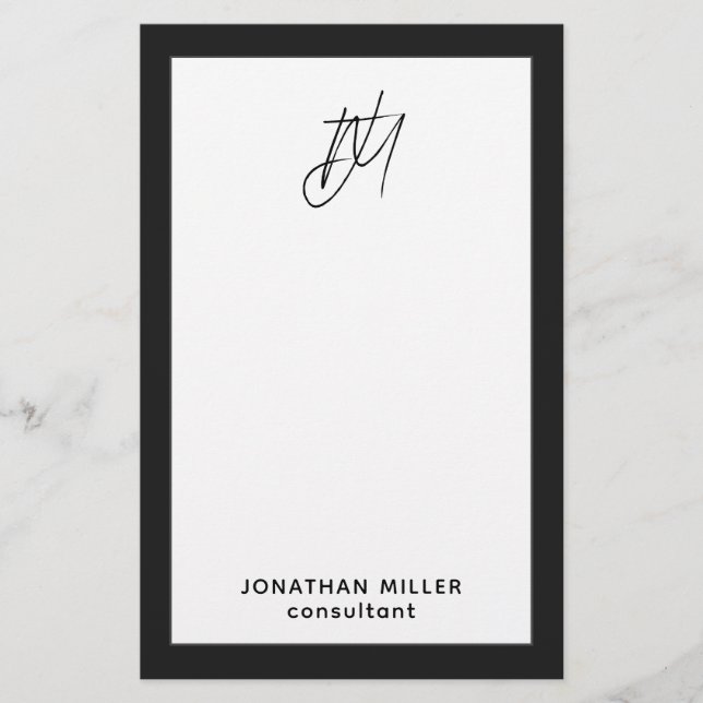 Modern Black and White Monogram Namn Brevpapper (Framsida)