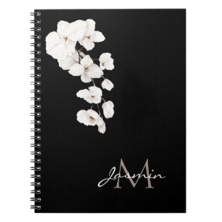 Modern Black and White Orchid Floral Monogram Anteckningsbok