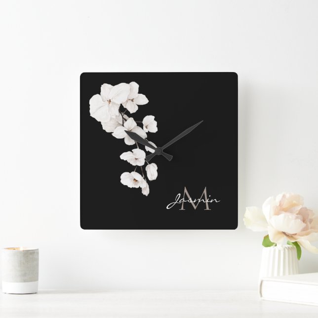 Modern Black and White Orchids Blommigt Monogram Fyrkantig Klocka (Hem)