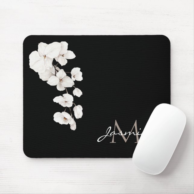 Modern Black and White Orchids Blommigt Monogram Musmatta (Med mus)
