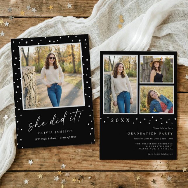 Modern Black and White Photo Graduation Inbjudningar (Modern graduation invitation with photos, handwriting script and minimalist stars)