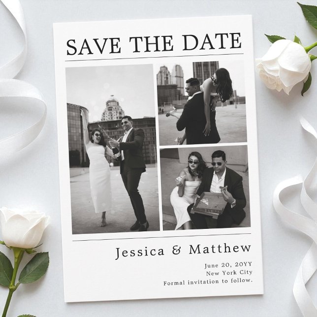 Modern Black and White Photo Newspaper Wedding Spara Datumet (Modern Black and White Photo Newspaper Wedding Save The Date)