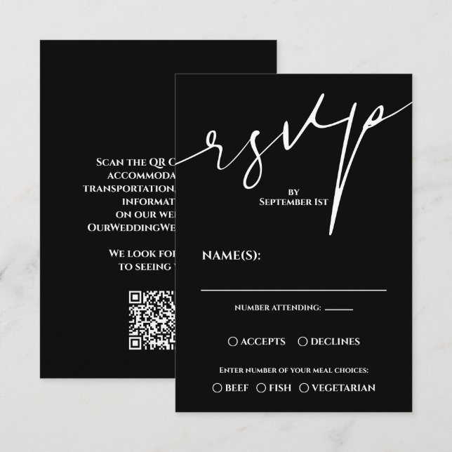 Modern Black and White QR Code Wedding RSVP OSA Kort (Fram/baksida)