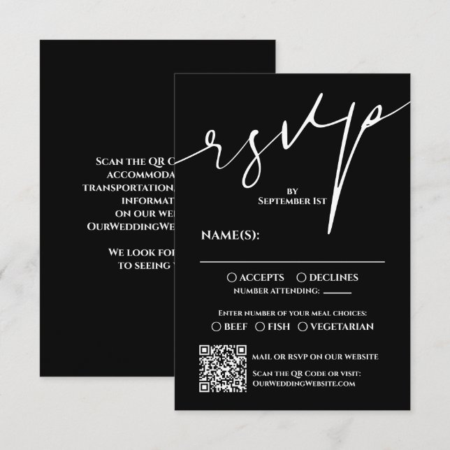 Modern Black and White QR Code Wedding RSVP OSA Kort (Fram/baksida)