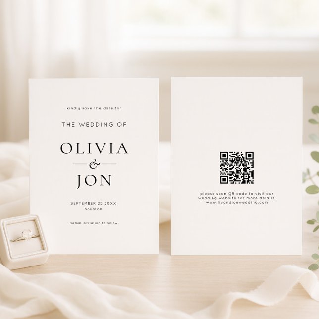 Modern Black and White QR Code Wedding Spara Datumet (front and back view)