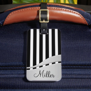 Modern Black and White Rand Monogrammed Bagagebricka