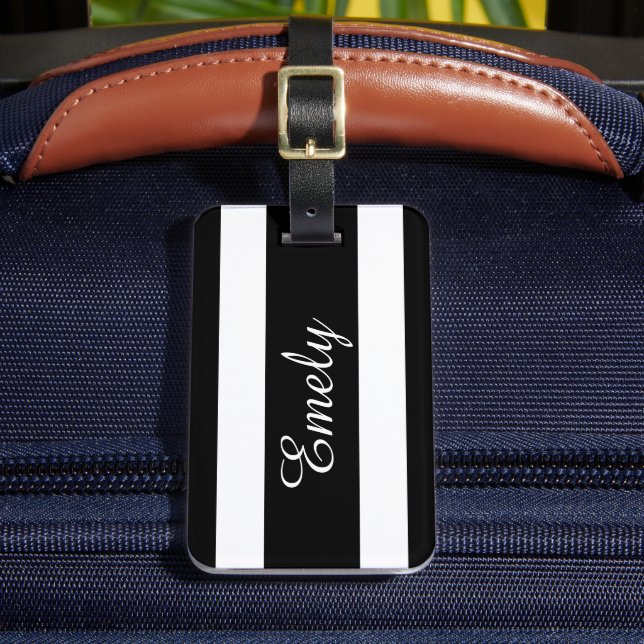 Modern Black and White Rand Mönster Namn Bagagebricka (Framsida Insitu 2)