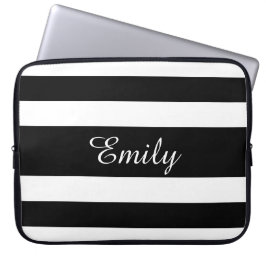 Modern Black and White Rand Mönster Namn Laptop Sleeve