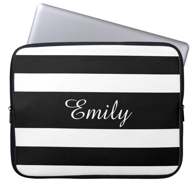 Modern Black and White Rand Mönster Namn Laptop Sleeve (Framsidan)