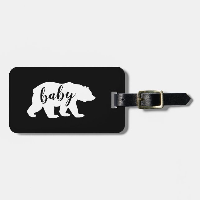 Modern Black and White Script Baby Bear Silhouette Bagagebricka (Horisontell Framsida)