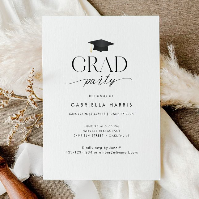 Modern Black and White Script Grad Party Photo Inbjudningar (Modern Black and White Script Grad Party Invitation)
