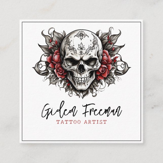 Modern Black and White Skull Ro Tattoo Artist Fyrkantigt Visitkort (Framsida)