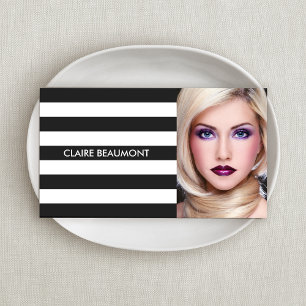 Modern Black and White Stripe Black Salon Photo Visitkort