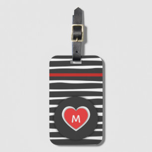 Modern Black and White Stripe Red Heart Bagagebricka